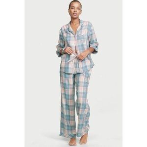 Victorias Secret Long Sleeve Pajama Set Robins Egg Happy Lurex Plaid Blue Large